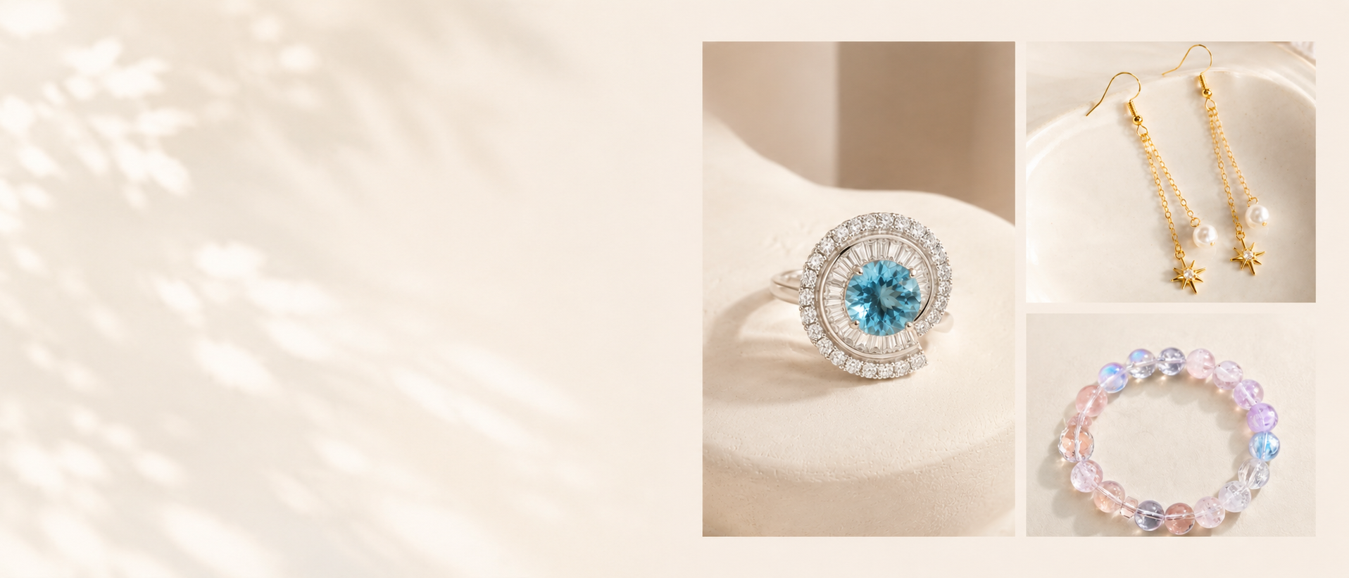 IRYVEA crystal jewelry in a pale shell on a sandy shore, beside an iris flower