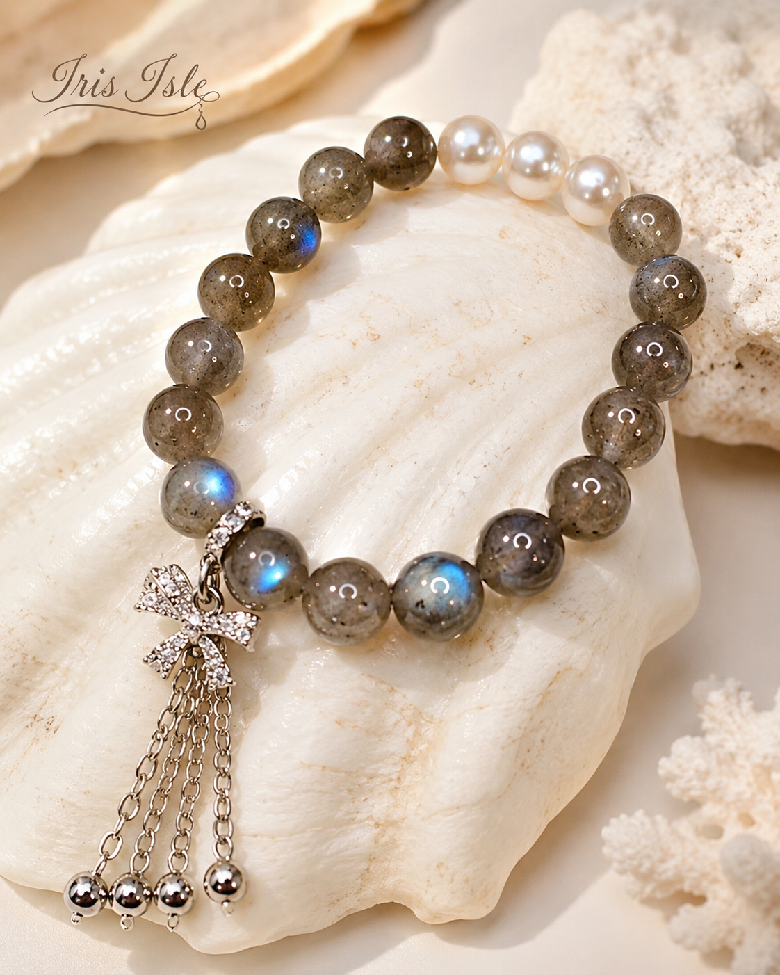 Labradorite and pearl bracelet with bow charm